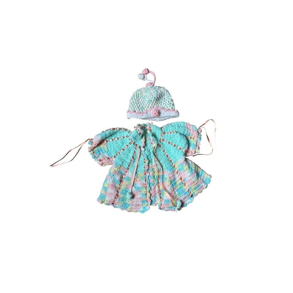 Baby Set Handmade Pastel Crochet Cardigan Bonnet Ribbon Cute Cottagecore Vintage